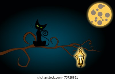 Vector illustration of cute cat sitting on branch with lamp