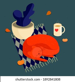 Vector illustration. A cute cat sleeps on a rug next to a mug of tea and cookies. People are in quarantine, they work at home, and cats just sleep.