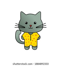Vector illustration of cute cat standing in yellow baby sleepwear with red freckles