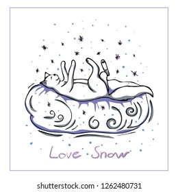 vector illustration with a cute cat that lies on a cloud and plays with falling snowflakes,in gentle pastel colors.Hand drawn, great for printing or textile design