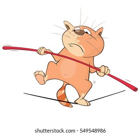 Vector Illustration of a Cute Cat Tightrope Walking . Cartoon Character