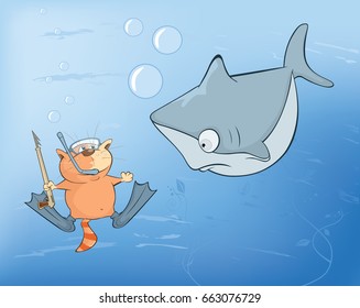 Vector Illustration of a Cute Cat Underwater Adventures