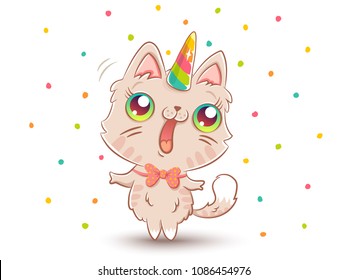 Vector illustration of a cute cat with unicorn horn in kawaii style. Cute vector white cat like unicorn with confetti.