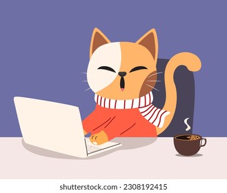 Vector illustration of cute cat using laptop drinking hot drink. Famous video blogger star animal