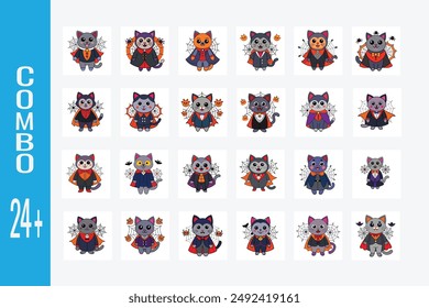 Vector illustration of a cute cat in a vampire costume with tiny fangs and festive elements like spiders and webs on a white background