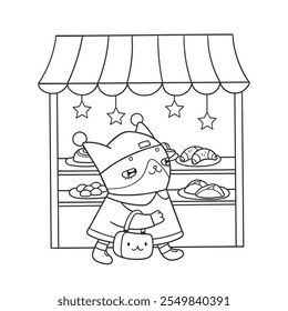 Vector illustration of cute cat walking past bakery. Black and white sketch with cartoon animal character for coloring book.