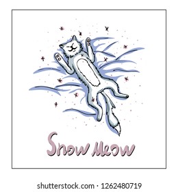 vector illustration with a cute cat wallowing in the snow and falling snowflakes in gentle pastel colors.Hand drawn, great for printing or textile design