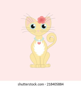 Vector illustration of cute cat wearing a cyan necklace with pink heart and red flower