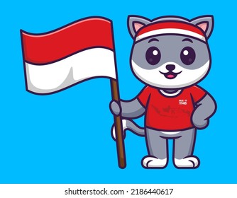 Vector Illustration of Cute Cat Wearing Red T-Shirt and Holding the Indonesian Flags in Cartoon Flat Style