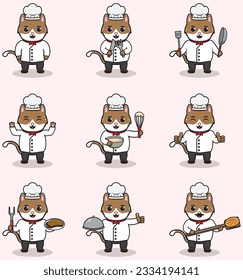 Vector Illustration of Cute Cat wearing chef uniform. Flat Cartoon Style. Set of Cute Animal Characters in Chef Uniform. Vector illustration in isolated background