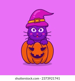 Vector illustration of a cute cat, wearing a witch hat, sitting inside a carved jack-o-lantern. Perfect for Halloween theme designs