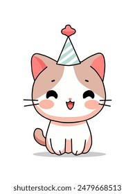 Vektorillustration einer niedlichen Katze mit einem Geburtstagshut in einem flachen und minimalistischen Stil isoliert auf einem weißen Hintergrund