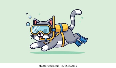 A vector illustration of a cute cat wearing scuba gear and flippers swimming underwater with air bubbles.