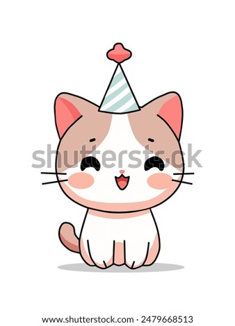 vector illustration of a cute cat wearing a birthday hat in a flat and minimalist style isolated on a white background