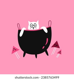 Vector illustration with cute cat in witch cauldron. Halloween design element.