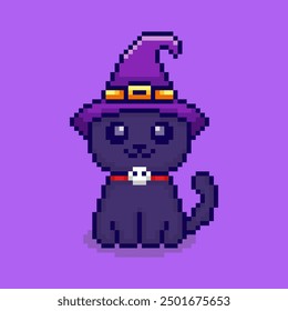 Vector Illustration of cute cat with witch hat with Pixel Art Design, perfect for game assets themed designs