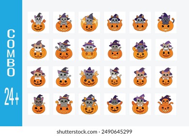 Vector illustration of a cute cat in a witch's hat inside a carved pumpkin with Halloween decorations on a white background for Cat Day