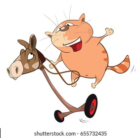 Vector Illustration of the Cute Cat with the Wooden Horse. Cartoon Character