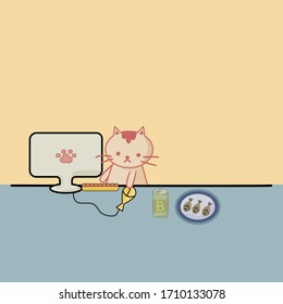 Vector illustration of the cute cat is working at home. Kawaii cat is learning online by the computer.