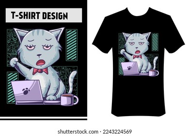 vector illustration of cute cat working late with coffee and laptop, red eyes. with a modern concept, suitable for printing on clothing, t-shirts, apparel, merchandise, hoodies, stickers, posters.