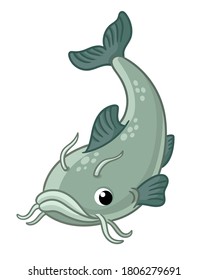 Vector illustration with cute catfish on a white background. Picture with a fish in a children's cartoon style.