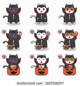 Vector illustration of cute cats with Dracula halloween costume. cat character vector design. Good for icon, label, sticker, clipart.
