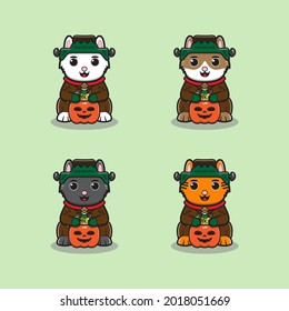 Vector illustration of cute cats with Frankenstein halloween costume holding pumpkin candy basket. Maneki neko. Lucky cat character vector design. Cartoon character design set.
