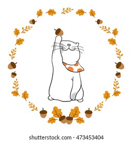 Vector illustration cute cats happy with beauty scarf,floral frame in autumn.Doodle style.