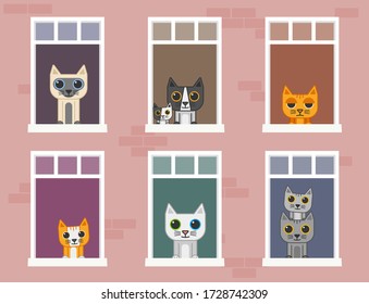 Vector illustration of cute cats look out the windows