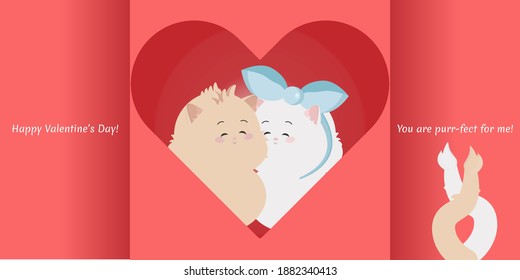 Vector illustration of cute cats in love cartoon style. Pets in love hugging each other’s. Red heart. Valentine’s Day card, love card, greeting card with inscription You are purr-fect for me.