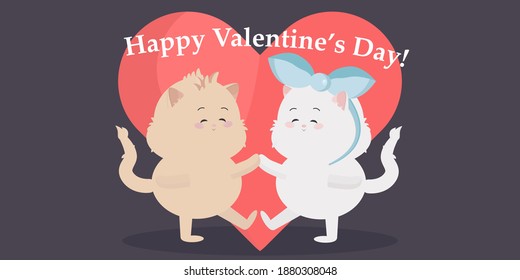Vector illustration of cute cats male and female in love with a heart on dark background and inscription Happy Valentine's Day. Animal cartoon characters. Valentines Day, love, poster, love card