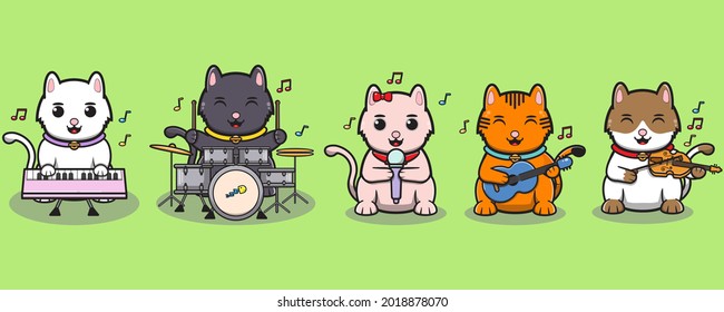 Vector illustration of cute cats music band. Maneki neko. Lucky cat character vector design. Cartoon character design set.