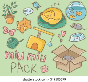 Vector Illustration of cute cats pack with  box, mouse, aquarium, plant, bow, hearts, bowl, bird, home, love, comfort, ball, yam, paw, pure