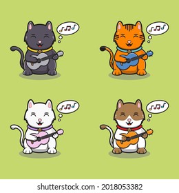 Vector illustration of cute cats playing guitar. Maneki neko. Lucky cat character vector design. Cartoon character design set.