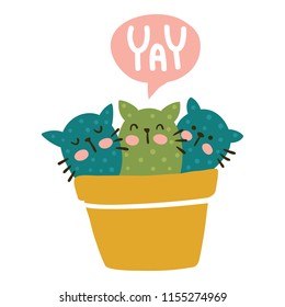 vector illustration, cute cats in a pot and yay hand lettering text