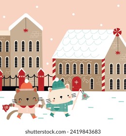 Vector illustration of cute cats walking down the street on Christmas Eve. Merry Christmas. Happy New Year. Advent Calendar.  