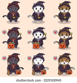 Vector illustration of cute cats with Witch halloween costume. cat character vector design. Good for icon, label, sticker, clipart.