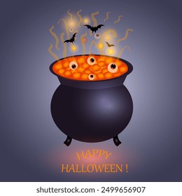 Vector illustration of cute cauldron with orange boiling potion. Hand drawn magical element. Simple witch pot drawing for halloween card, poster, invitation design.