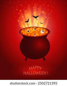 Vector illustration of cute cauldron with orange boiling potion. Hand drawn magical element. Simple witch pot drawing for halloween card, poster, invitation design.