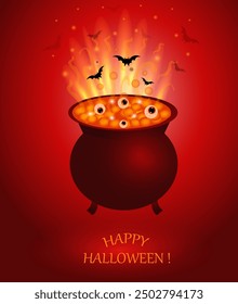 Vector illustration of cute cauldron with orange boiling potion. Hand drawn magical element. Simple witch pot drawing for halloween card, poster, invitation design.