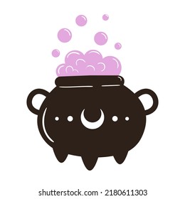 Vector Illustration Of Cute Cauldron With Pink Boiling Potion. Hand Drawn Magic Element. Simple Doodle Drawing Of Witch Pot For Halloween Card, Poster, Invitation Design