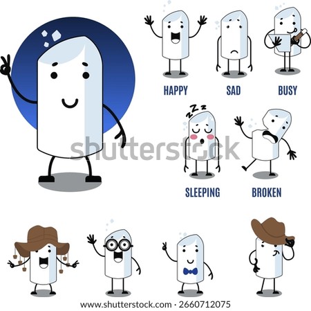Vector illustration of cute chalk mascot. Chalk with different emotions, in cowboy and cork hat. Happy, sad, busy, sleeping and broken chalk.
