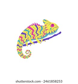 Vector illustration of a cute chameleon with a beautiful color in bright neon colors sitting on a tree branch. A cartoon reptile perfect for images of jungle themes.