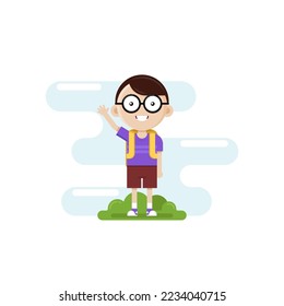 Vector illustration, cute character of a boy with glasses carrying a school bag.
