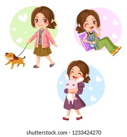 Vector illustration of cute character cartoon girl playing and take care her pet isolated on white background