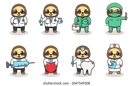 Vector illustration of Cute Character Cartoon of Sloth Doctor. Good for label, sticker, clipart. white isolated background
