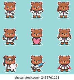 Ilustración vectorial de la tira cómica del personaje lindo del doctor del oso. Estilo plano de la historieta. Concepto de sanidad animal.