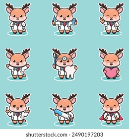 Vector illustration of Cute Character Cartoon of Deer Doctor. Deer character different poses illustration. Flat Cartoon Style. Animal Health Concept. 