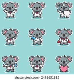 Vector illustration of Cute Character Cartoon of Koala Doctor. Koala character different poses illustration. Flat Cartoon Style. Animal Health Concept. 