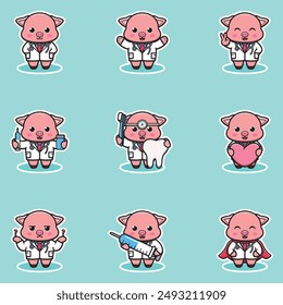 Vector illustration of Cute Character Cartoon of Pig Doctor. Pig character different poses illustration. Flat Cartoon Style. Animal Health Concept. 